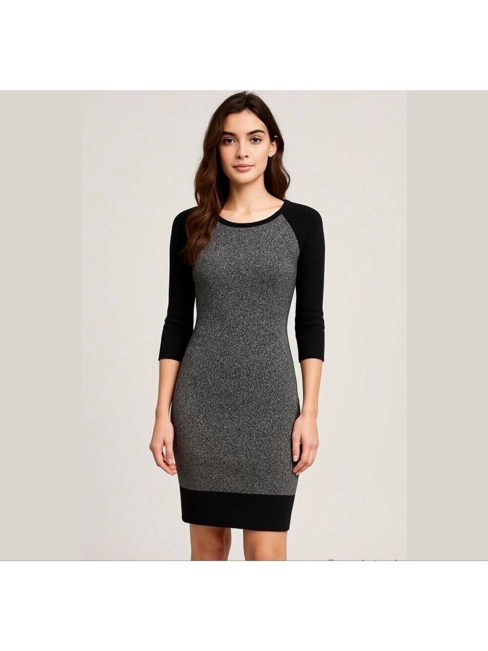 ANN Taylor Loft Fact Sweater Dress Black White, Small, 3/4 Sleeves Neutral Wool